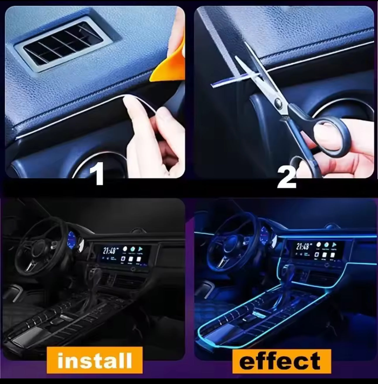 Strisce decorative per interni auto, lampade d'atmosfera, luci fredde decorative per cruscotto, console, luci ambientali a LED per auto